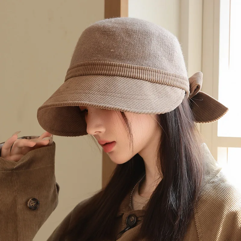 

Women's Autumn/Winter Foldable Bucket Hat - Daily Wear Simple Corduroy Stripe Hat (56-60cm) with Bowknot Decor