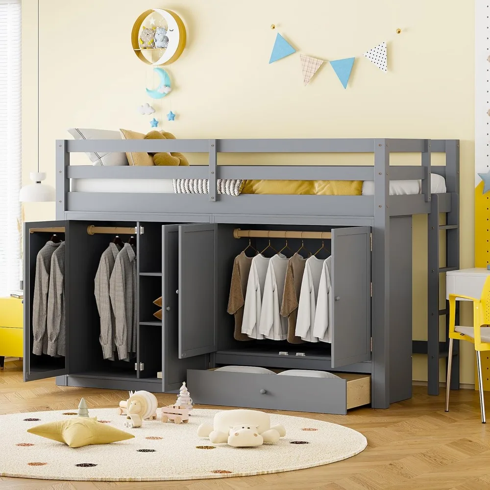 

Twin Size Wood Loft Bed with Drawer, Two Wardrobes, and Mirror, Wooden Bedframe with Ladder and Safety Guardrail Children Beds