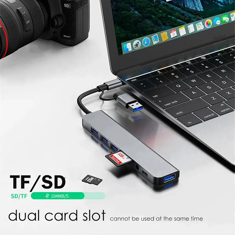 8 في 1 USB C Hub USB 3.0، مع 1 X USB 3.0، 3 X USB 2.0 و1 X USB C، قارئ بطاقات SD/TF، منافذ Aux 3.5 مم من الألومنيوم USB Splitte #6