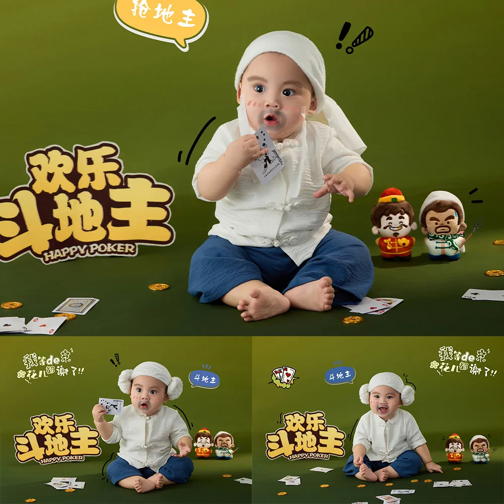 100 Days Baby Photography Props Funny Poker Theme Chinese Traditional Baby Clothes Poker Cards+gold Coin Studio Scene Decoration