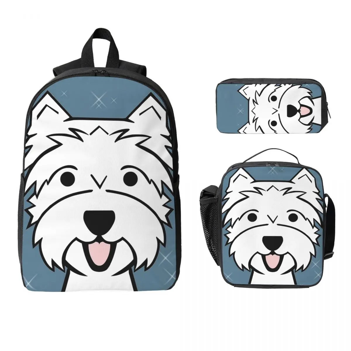 

West Highland Terrier Westie Dogs Backpack Student Boy Girl BookBag School Bag Shoulder Bags 3ps Insulated Lunch Bag Pencil Case