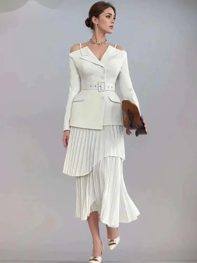 

Fashion Women's 2 Pcs Set Shoulder Straps Sashes Blazer High Waist Pleated Irregular Skirt Suit Summer 2024 New 13D5D6H