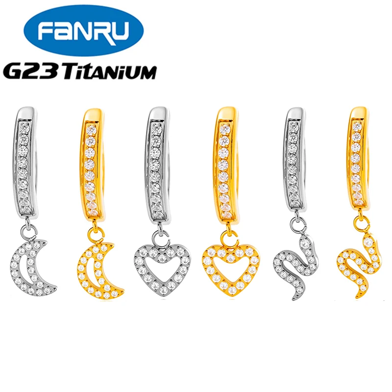 

1PC G23 Titanium 14G Zircon Heart Moon Pendant Belly Button Ring Clicker Belly Clip Navel Ring Curved Barbell Piercing Jewelry