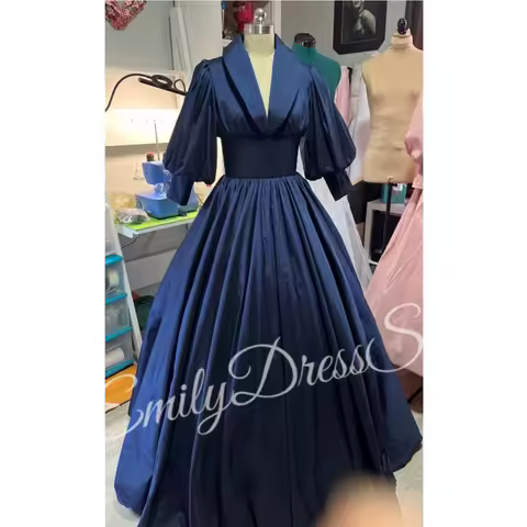 Navy Satin Bridesmaid Evening Dress Women Suspenders V-neck Floor Length Bridal Formal Long Ball Gowns Trend Pageant Dress