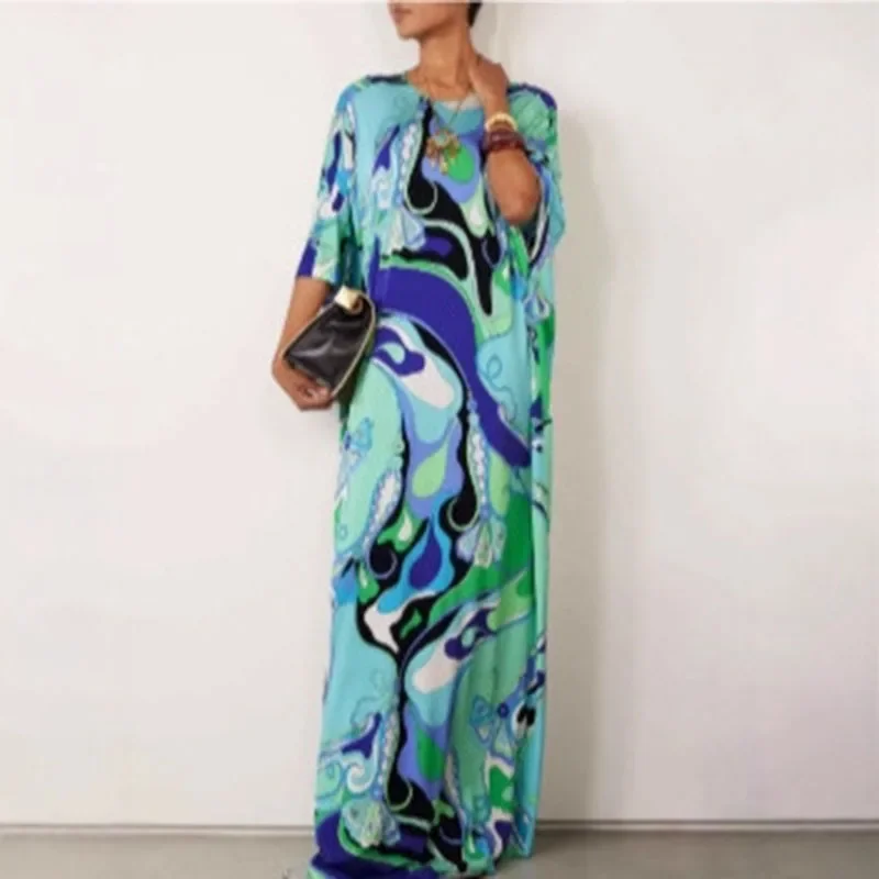 العرقية الرجعية نمط طباعة فضفاض ماكسي فساتين امرأة 2025 الربيع طاقم الرقبة طويلة البلوز فستان الخريف 3/4 كم فام بوهو فستان
