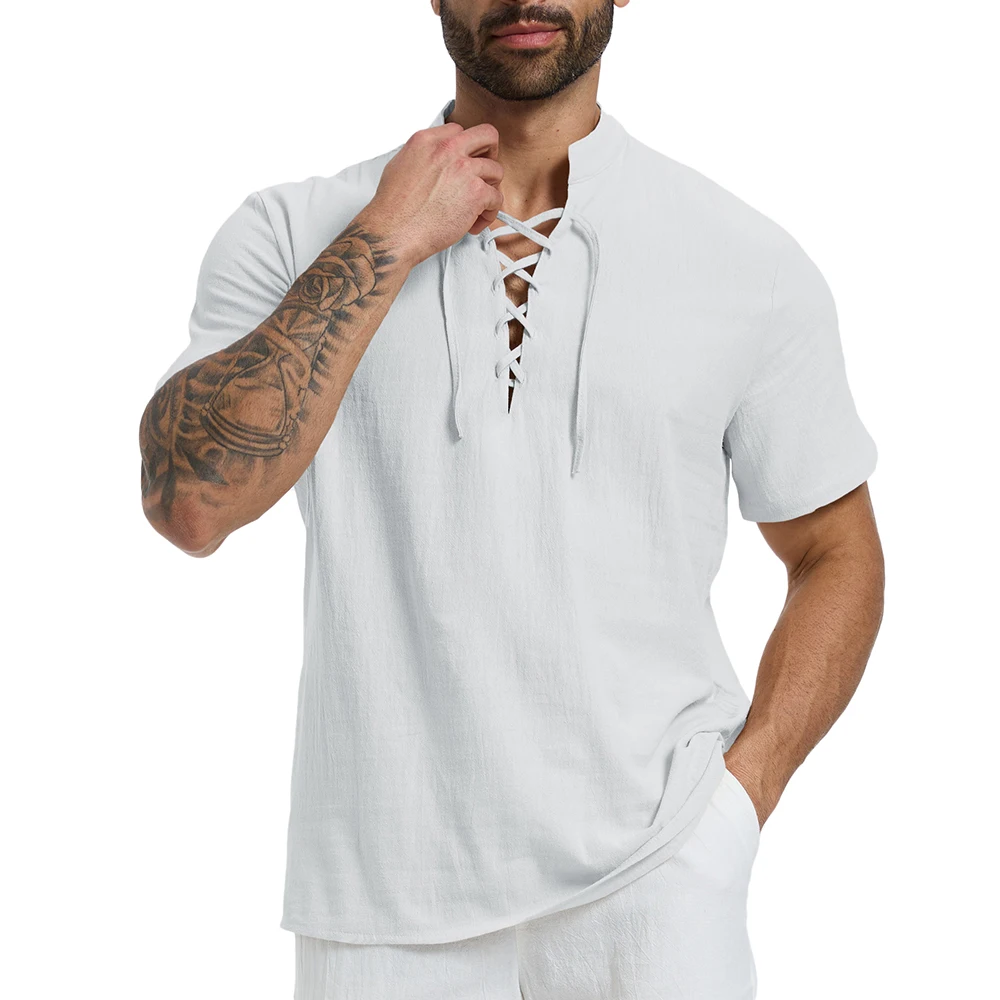 Herren-T-Shirt aus Baumwolle und Leinen, Sommer, atmungsaktiv, leicht, Henley-Ausschnitt, zum Schnüren, modisch, kurzärmelig, für Herren, lässige T-Shirts