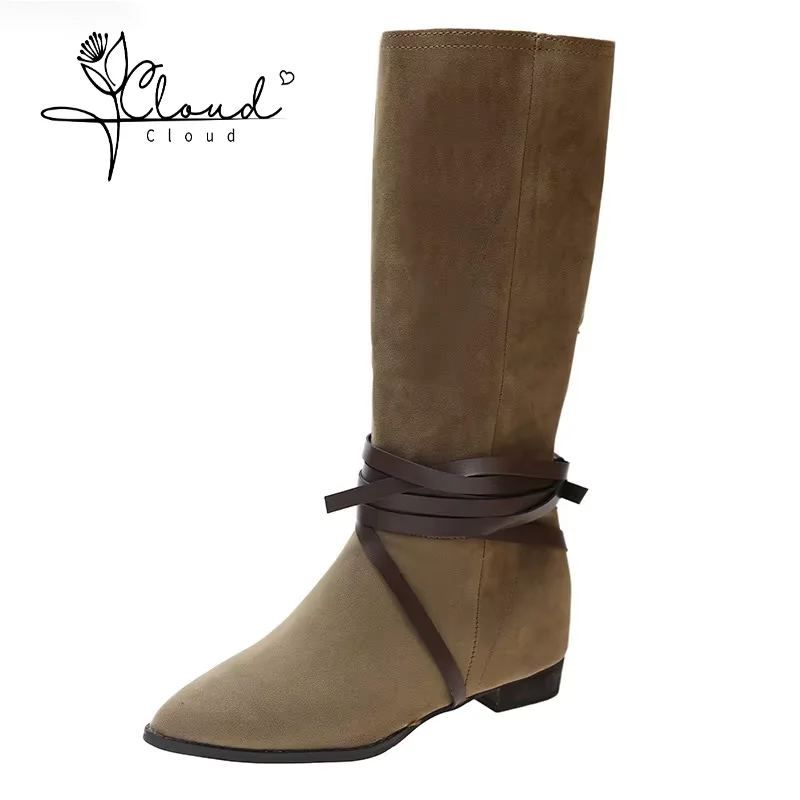 

Knight Women's Winter High Thigh Boots Female 2024 Western Cowboy Pointed Suede Coarse Heel Strap Over Knee Tall Women Shoes