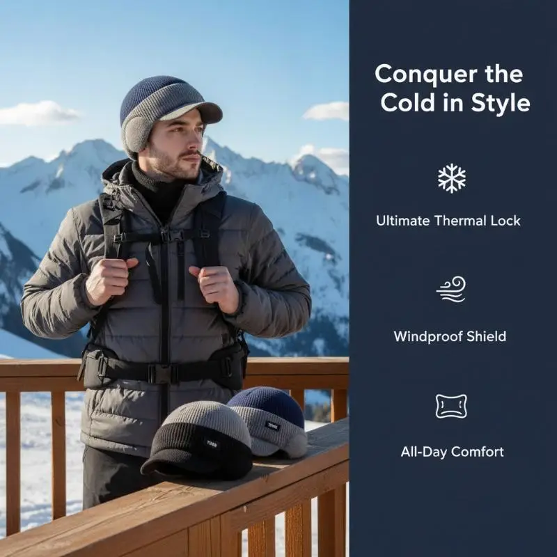 Mens Warm Knitted Winter Hat With Ear Flaps And Visor For Skiing Hiking Camping Cold Weather Outdoor Activities