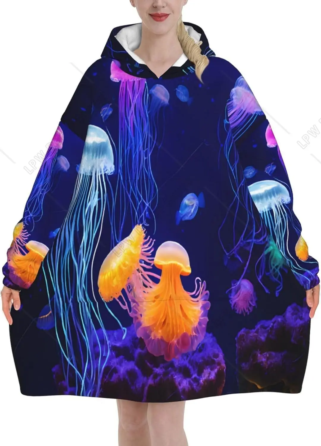 

Colored Jellyfish Wearable Blanket Hoodie for Women Soft Warm Blanket Flannel Hooded Sweatshirt with Pocket