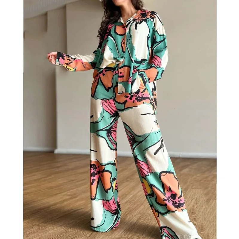 

Loose Casual Print Two Piece Set Spring New Commuter Suit Women Fashion Lapel Long Sleeved Shirt High Waist Wide Leg Pants Set