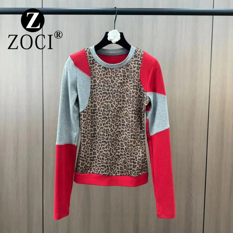 [ZOCI] 2024 Autumn Winter Round Neck Long Sleeved Color Sexy Leopard Print Pattern Tight Fitting Designer