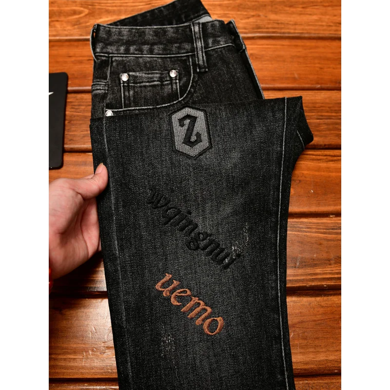 

High end embroidered printed light luxury jeans men in autumn,, small feet, casual trend, black gray pants