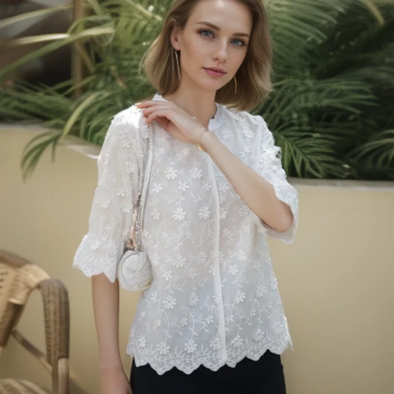 Summer Embroidered White Cotton Woman\'s Blouse Fashion Floral Short Sleeve Shirt Elegant Casual Tops