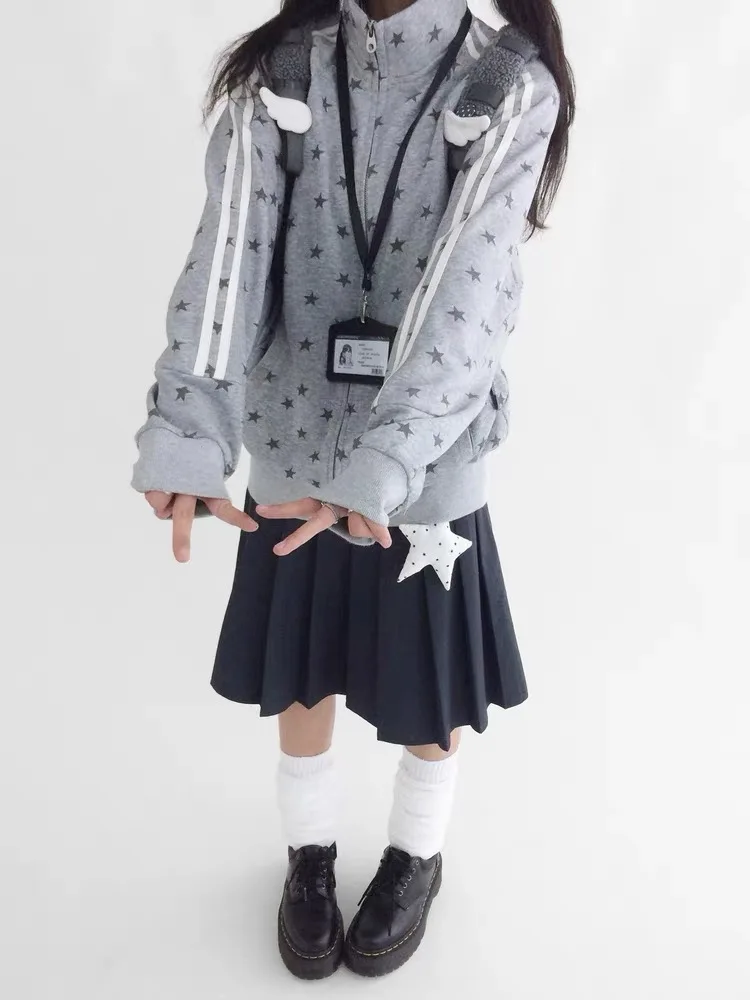 Damskie bluzy Deeptown zapinane na zamek, styl Y2k, japoński styl preppy, vintage Harajuku, szare bluzy z kapturem, codzienne, słodkie, kawaii, odzież wierzchnia, kurtki.