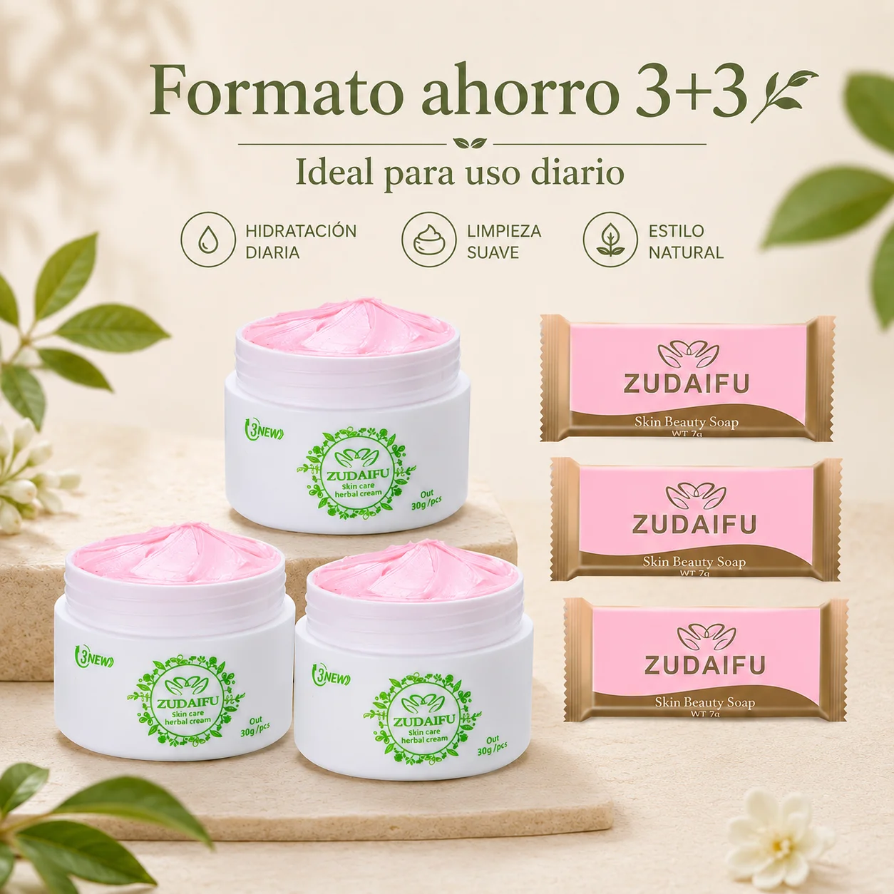 【2026 New】ZUDAIFU 3pcs Herbal Moisturizing Cream 30g + 3pcs Soap 7g, Daily Cleansing and Hydration Set