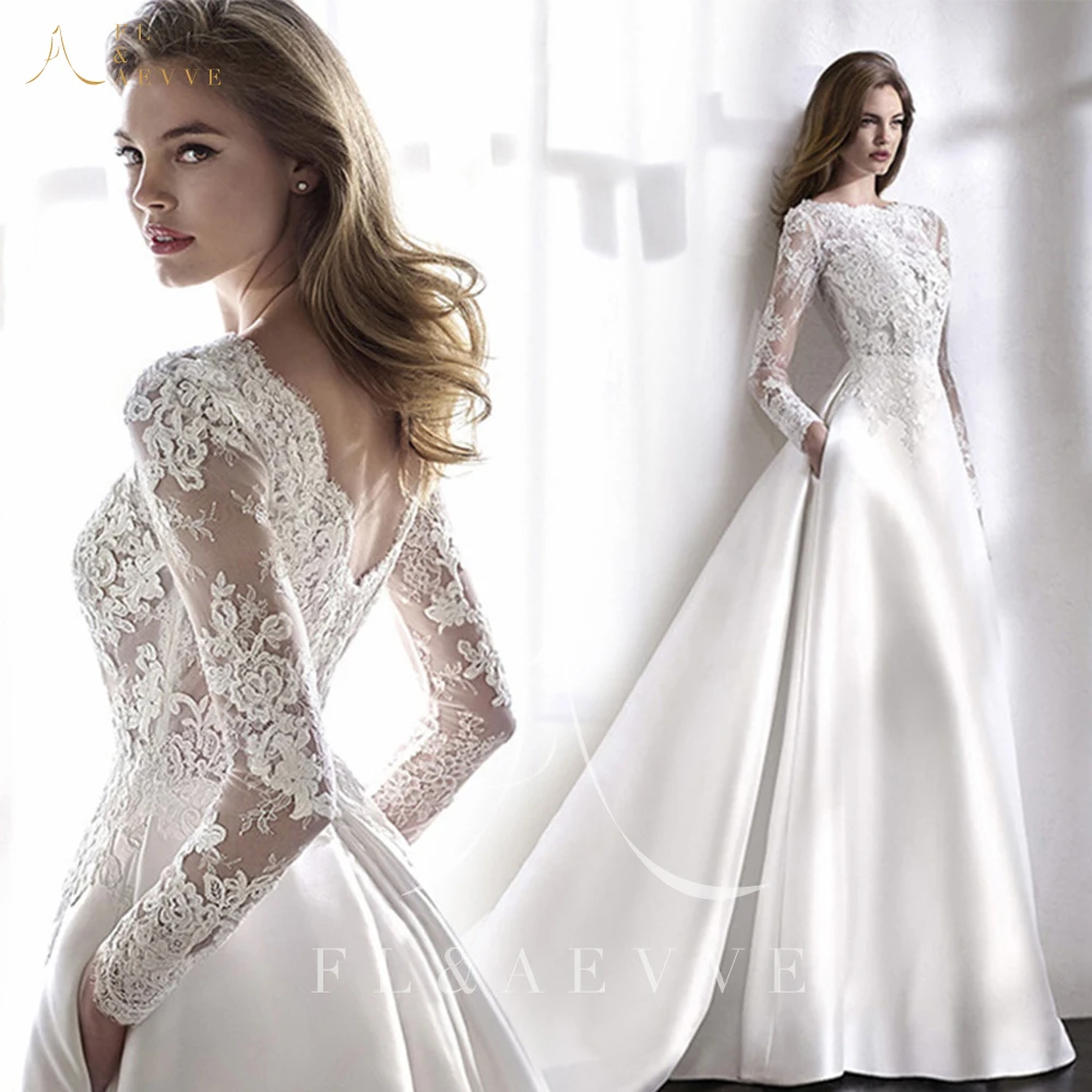 

Elegant Satin Long Sleeve Wedding Dresses Boho Lace Bridal Dress for Women A-Line Women's Luxury Party Dress Woman Robe