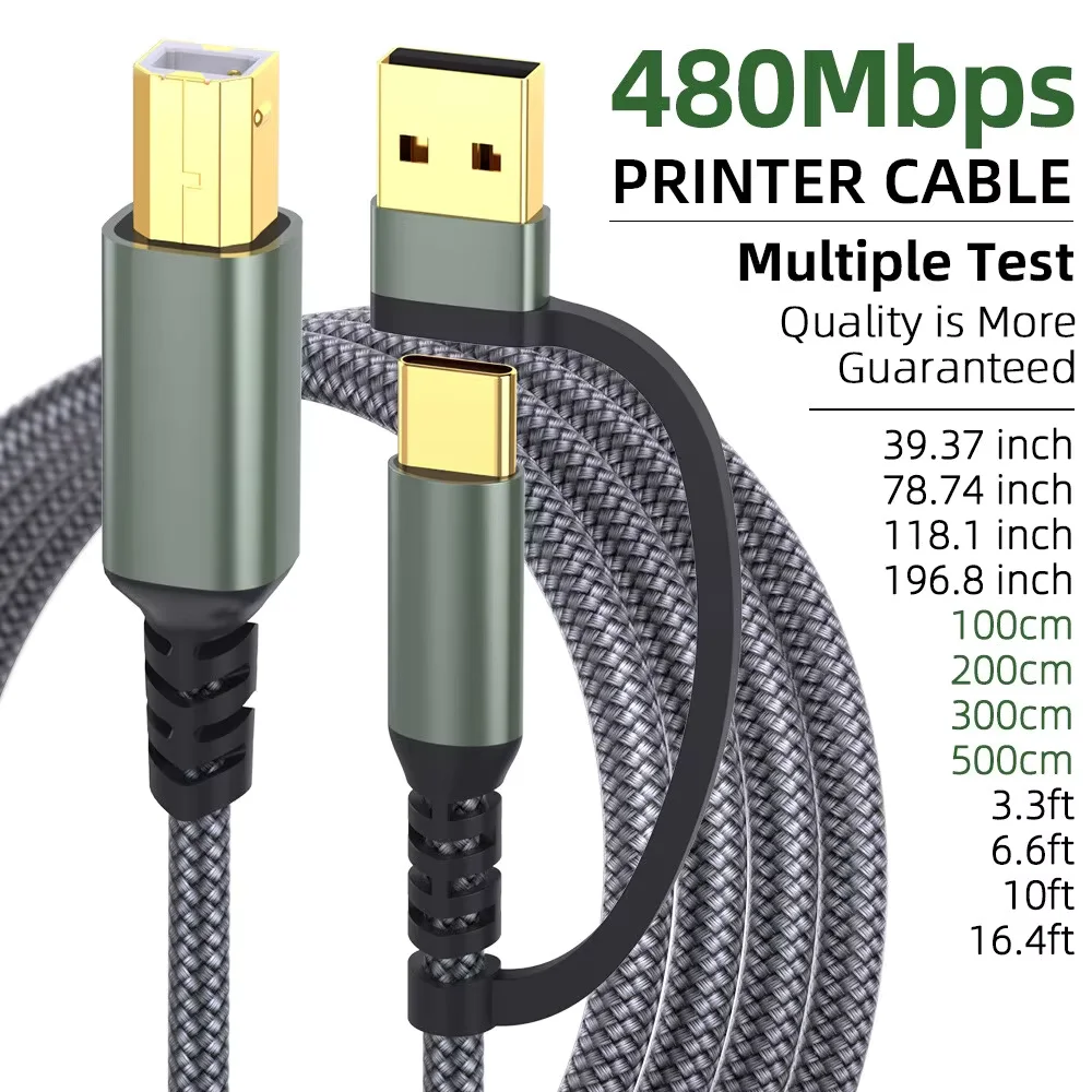 USB 2.0 Cable,USB A/C to USB B Data Cord for Printer or External Hard Drive,Connect to Computer/Laptop/PC,Gold-Plated Connectors