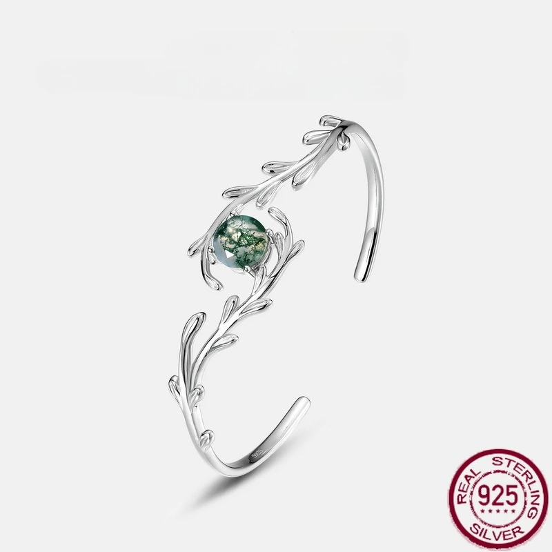 

New S925 Pure Silver Green Moss Stone Water Grass Agate Open Bracelet Silver Jewelry Fashion Light Luxury Wedding Jewelry