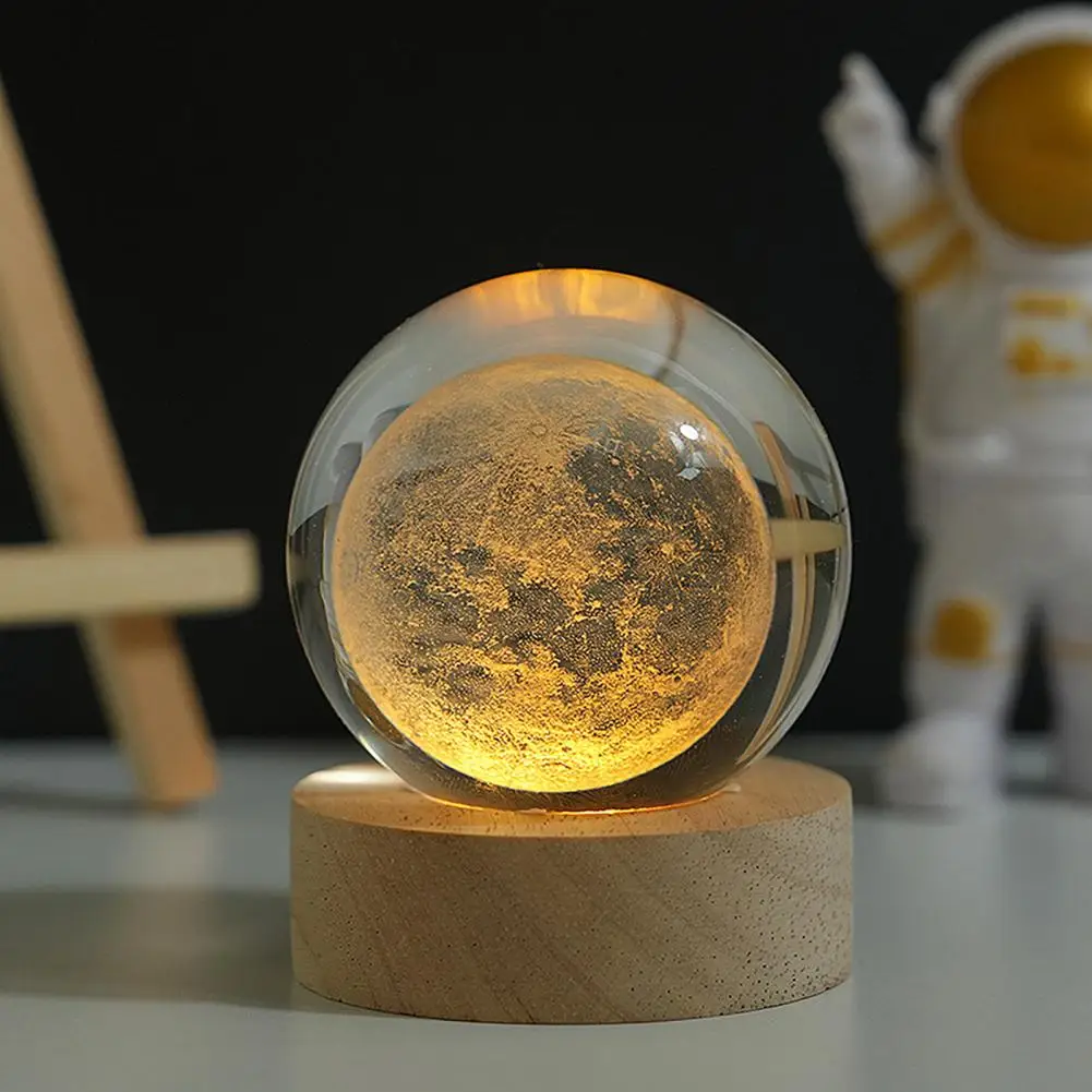 Night Light Room Decor Faux Ball Decoration 3d Engraved Solar System Ball Night Light with Wooden Base Led Lamp for Space