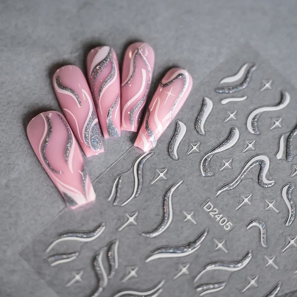1 Uds. Pegatinas 3D de líneas de brillo francés para decoración de uñas, pegatinas láser doradas/plateadas onduladas autoadhesivas con raya deslizante, calcomanías de manicura de lujo *