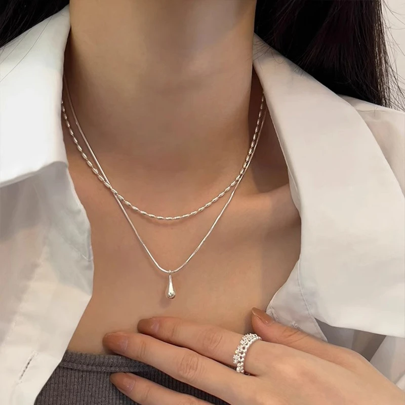 

925 Sterling Silver Double Layer Necklace Water Drop Pendant Vintage Elegant Temperament Clavicle Chain Necklace Wedding Jewelry