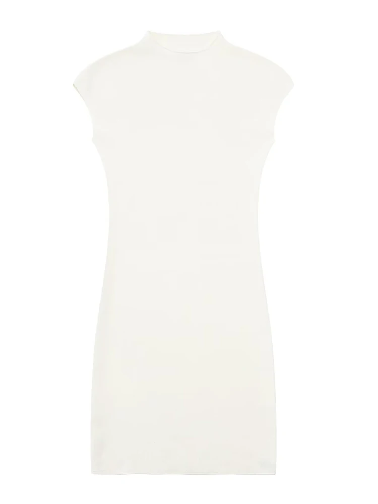TRZA Damesmode stretch gebreide mini-jurk Vintage hoge hals mouwloze vrouwelijke jurken vestidos mujer
