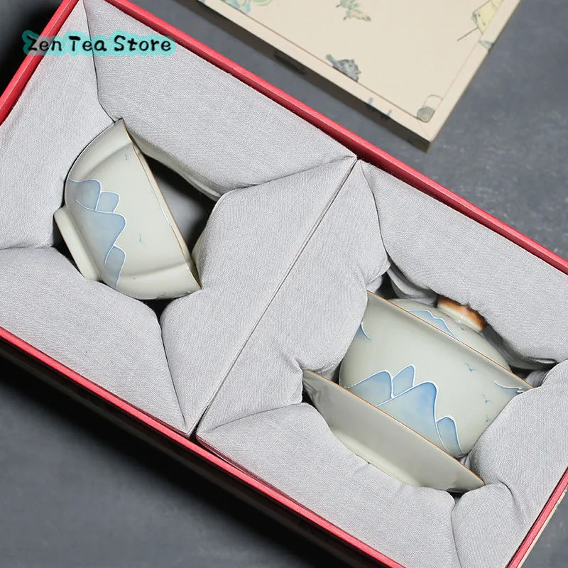 Wood Ash Hand-painted Landscape Three Kinds Of Cover Bowl Ceramic Small Tea Bowl Teacup Gift Box Household Underglaze Color