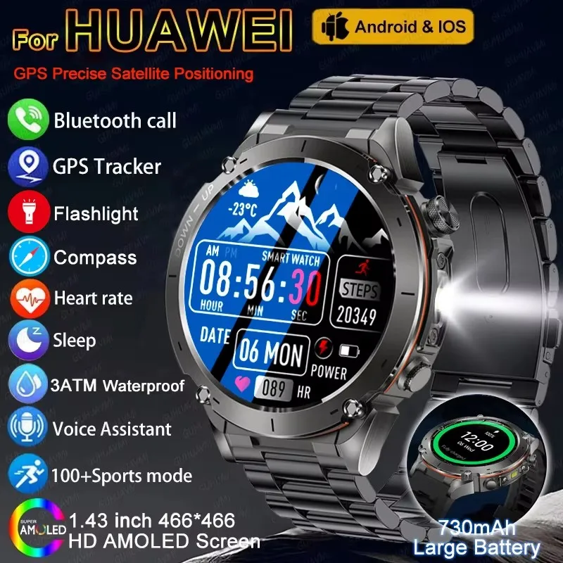 

2025 New GPS Smart Watch 1.43"Ultra HD Display Built-in GPS & Compass Altimet Barometric 5ATM Waterproof 730mAh Battery Bracelet