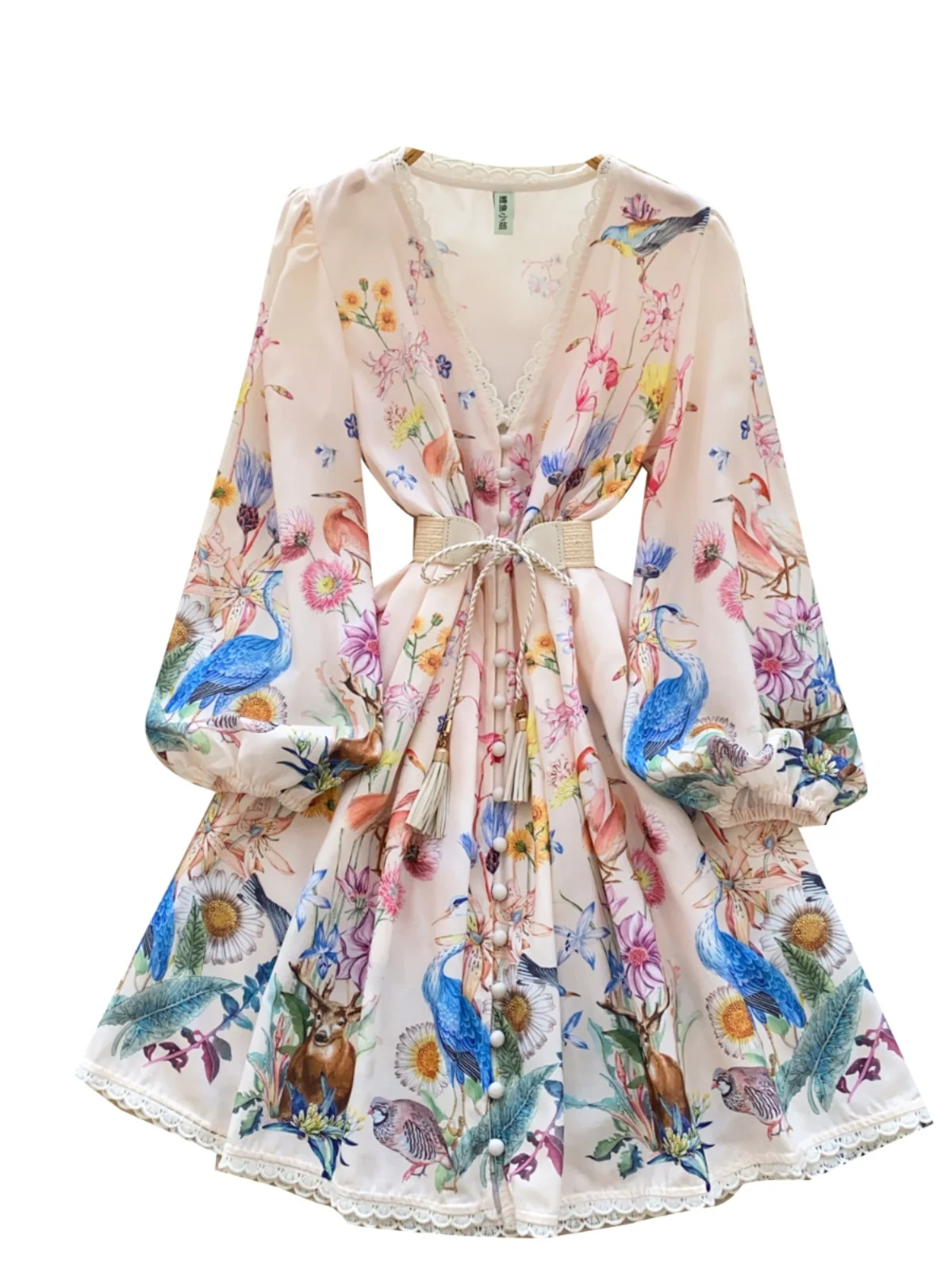 2025 Nieuwe Vintage Court Sle V-Ne Single Button Tie Taille Lantaarn Sve Lace Trim Gedrukt Dr Hoge Taille A-lijn Koreaanse S...