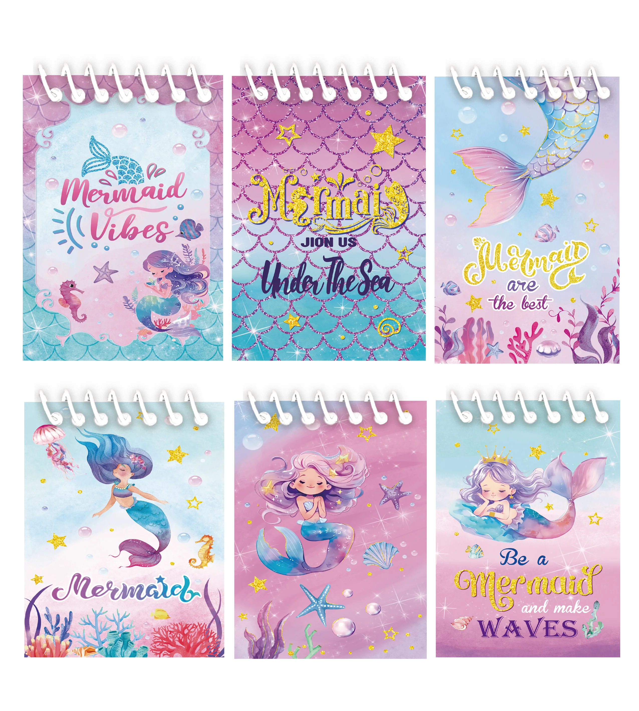 6 PCS Mermaid Spiral Notebook Mini Notepad for Mermaid Birthday Decoration, School Supplies for Kids Girls, Ocean Theme Party Fa