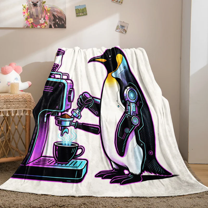 Cute Coffee Penguin Printed Flannel Blanket Fashion Cartoon Warm Throw Blankets Cozy Soft Gift Blanket For Sofa Bed Home Decor
