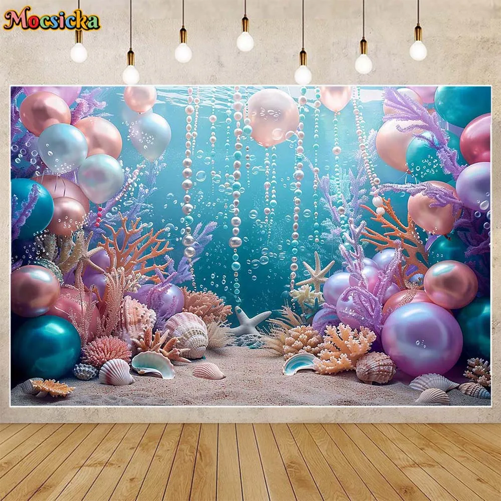 Mocsicka-マーメイドプリンセス写真の背景、シーシェルの下、パールバルーン、女の子の誕生日パーティーの装飾、ケーキのスプラッシュの背景