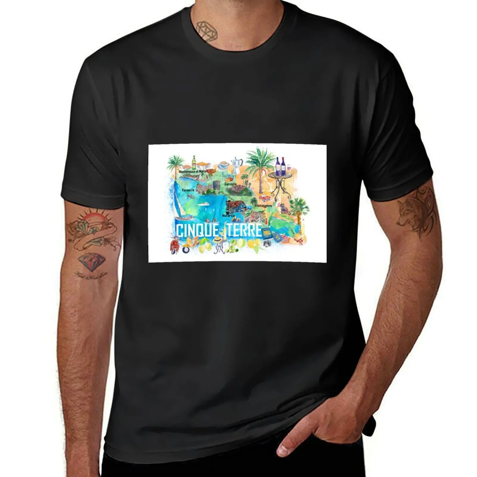 Camiseta de Cinque Terre para hombre, mapa de viaje Mediterráneo ilustrado con reflejos de la costa de Liguria, en blanco, sublime