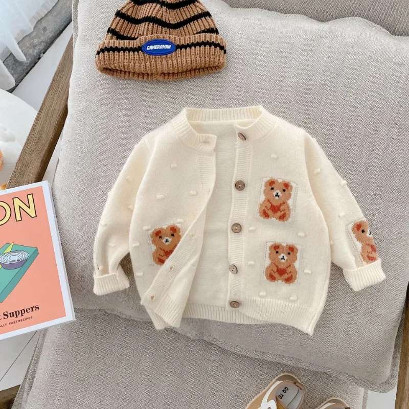 

Winter Children's Cartoon Bear Knitted Sweater Spring Baby Boys Cotton Long Sleeve Cardigan Girls Jacquard Knitwear Coat 0-6Y