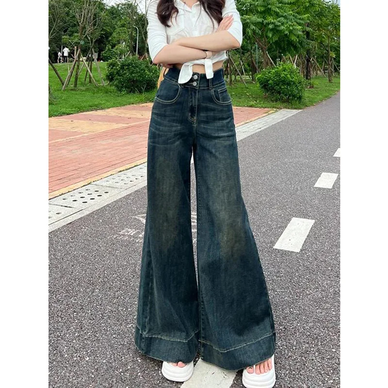 2026 American Retro Wide-leg Jeans for Women's Spring and Autumn New Floor-length Pants, High-waisted Double-button Flared Jeans