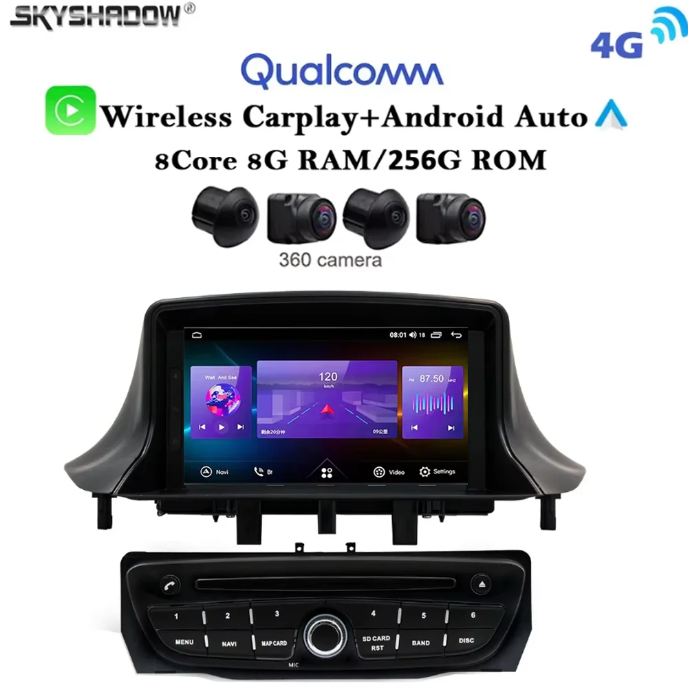 8G+256G Wireless Carplay Auto Android 13.0 4G LTE 360 Car DVD Player GPS WIFI Bluetooth Radio For Renault Megane 3 2008 - 2014