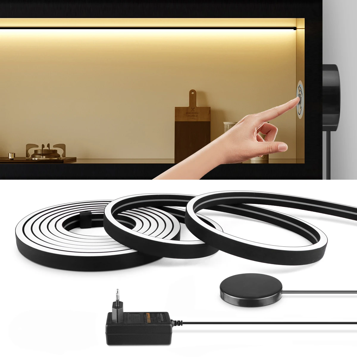 

Черная силиконовая неоновая светодиодная лента с сенсорным диммером, адаптер питания EU/US, светодиодная лампа для домашнего декора, подсветка, освещение