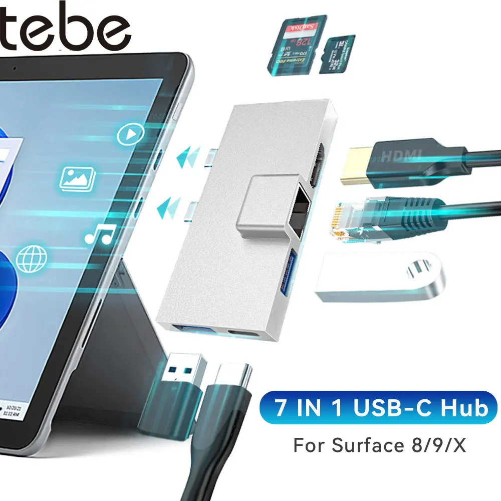 

Док-станция Tebe 7 в 1 для Surface Pro 8/9/X, адаптер с двумя портами Type-c на 4K HDMI, Gigabit RJ45, хаб для чтения SD/TF-карт