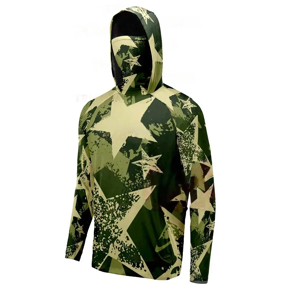 Men Camo 3D Print Hooded Fishing Shirt Polyester Long Sleeve UV Sun Protection Top With Integrated Face Mask