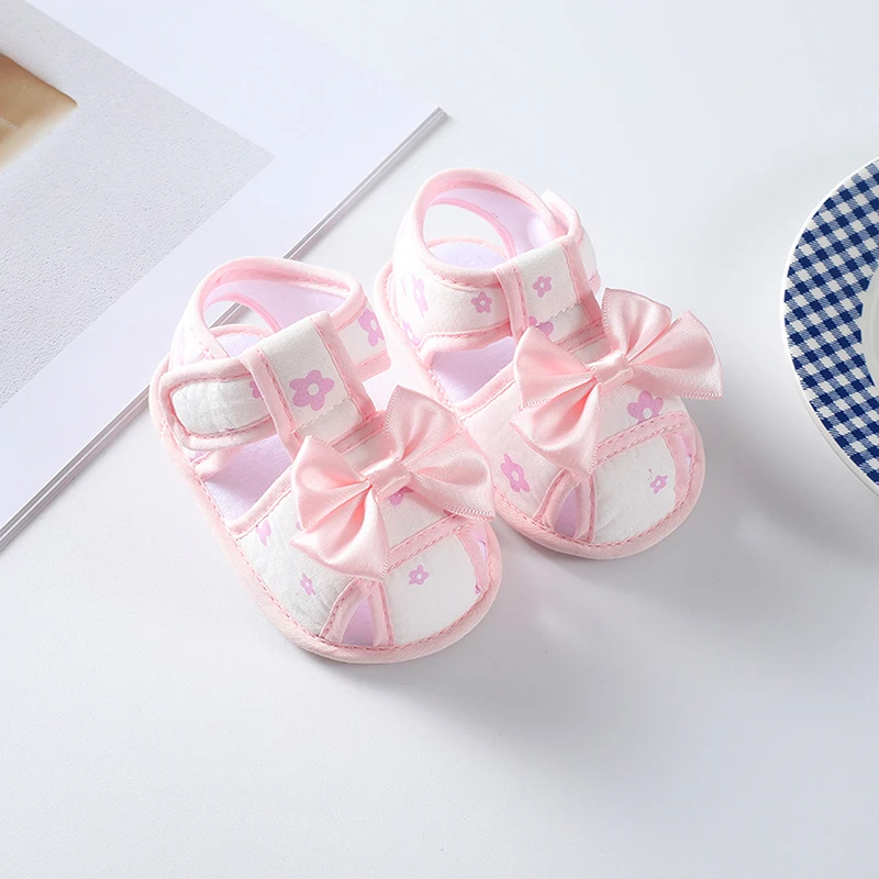 Baby Kid Girl Shoes,Solid Floral Print Big Bow Cutout Soft Sole Summer Home Casual Cute Sweet Litter Princess Hook/Loop Shoes