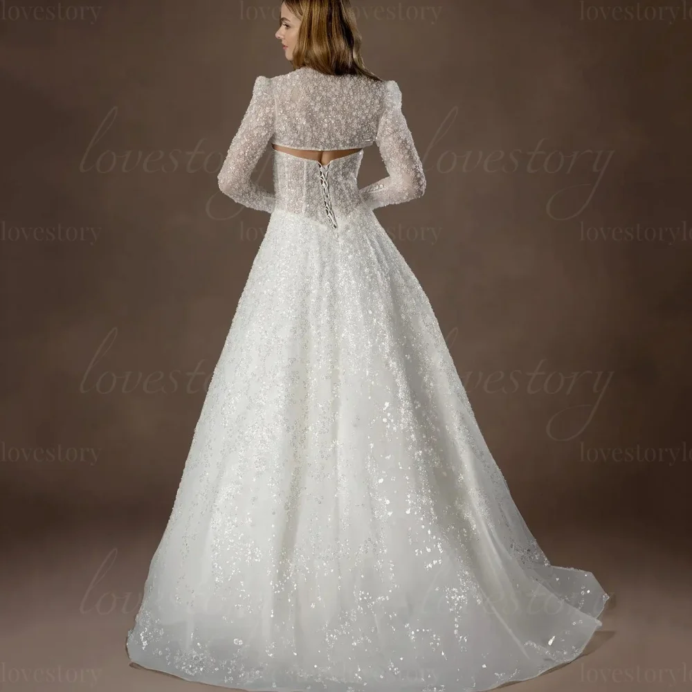 Sequined Exquisite Customized A Line Wedding Dresses Bridal Gowns Long Sleeve Back Lace Up Bride Robes vestido de novia