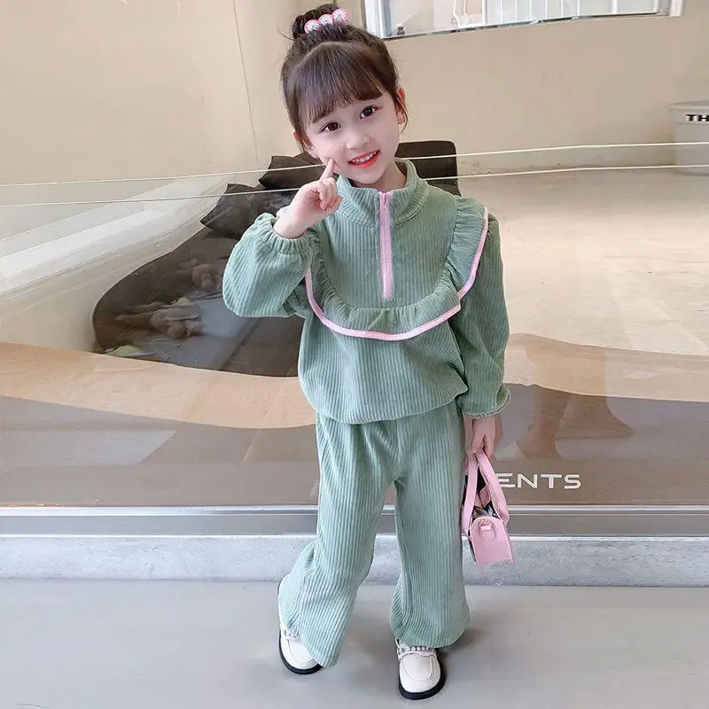 Girl Clothing Set Korean 2024 Autumn Corduroy Girl's Suit Sweater + Pants Fashionable Small Fragrance Girl's Two Pieces Set