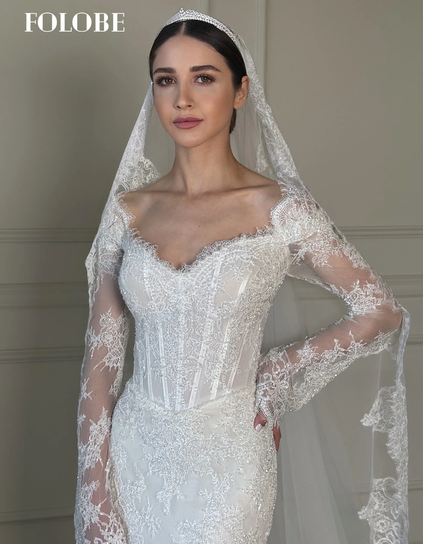 FOLOBE chérie blanc élégant sirène dubaï robes de soirée avec manches longues robes de mariée robe de bal personnalisé