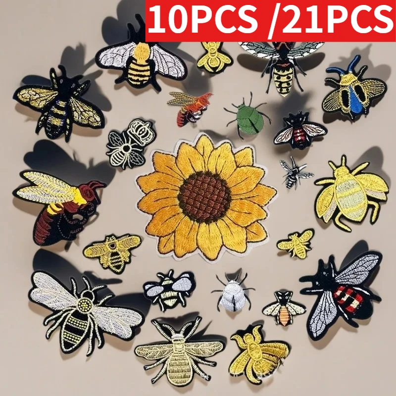 10PCS/Lots 21PCS/Set of Hot-selling Little Bee Family Embroidery Cloth Patches Bumblebee Full Set of Little Beetle Bag Patch DIY