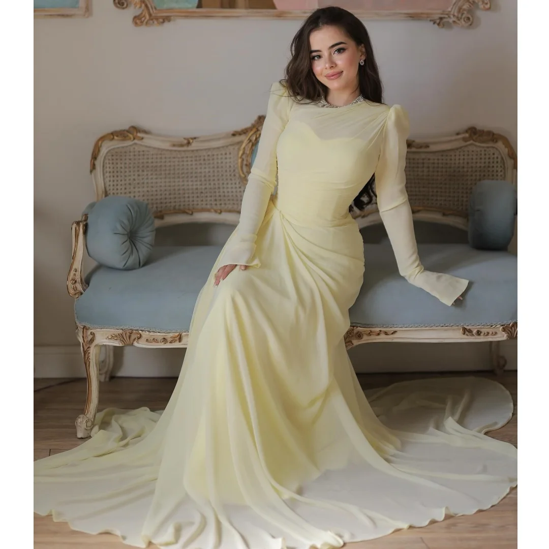 

Blush Yellow Prom Dresses Woman Chiffon Long Sleeves Maxi Gown Elegant Wedding Party Dress Formal Evening Wear Customized