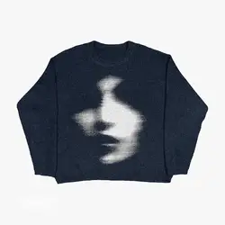 personality fashion loose pullover sweater y2k people fuzzy pattern printed casual round neck coat autumn and winter models