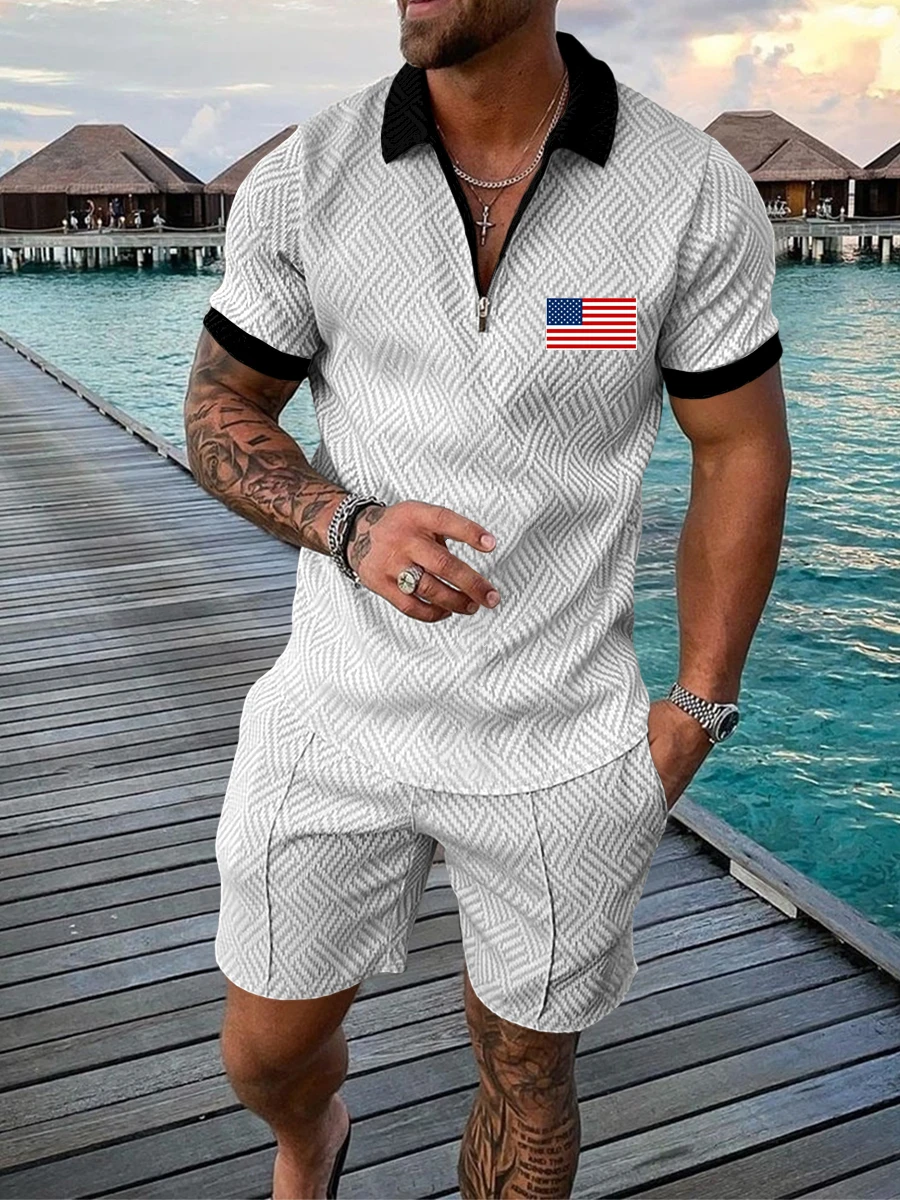 Nova bandeira americana polo conjuntos de treino masculino cor sólida impressão 3d polo camisas com zíper manga curta + shorts conjunto para homem