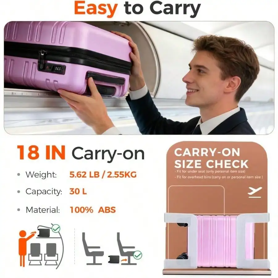 Hard Suitcase With Removable Wheels, 18 Inch Carry On Luggage Carry-On Luggage 22X14X9 Airline Approved, Carry On Suitcases With Wheels, Lightweight