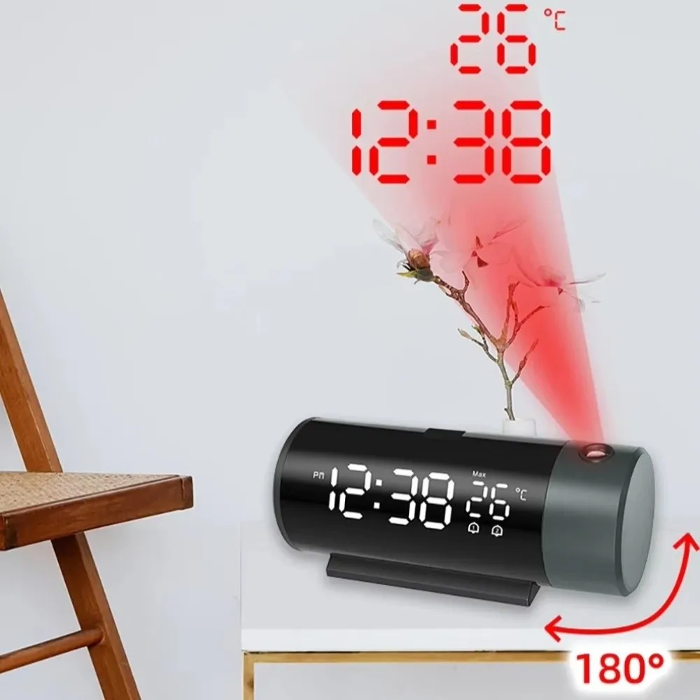 

180° Rotatable Projection Digital Alarm Clock LED Display Brightness Dimmer Electronic Table Clock USB 3D Wall Projection