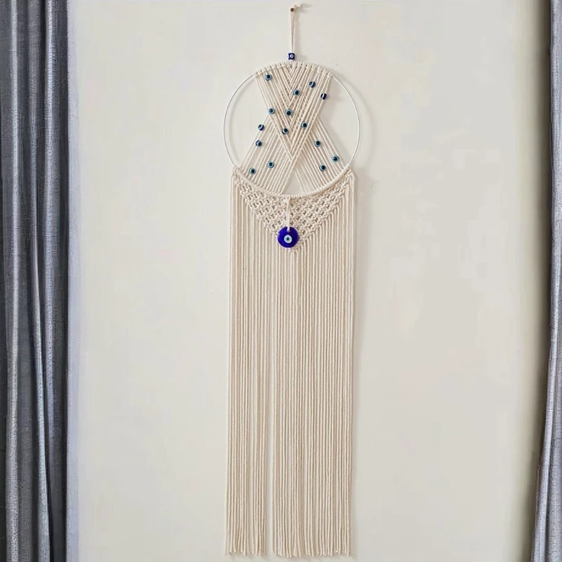 حبل قطني حرفي لصائد الأحلام معلق على الحائط مع لهجة تميمة نزار واقية لتزيين المنزل والإقامة المنزلية